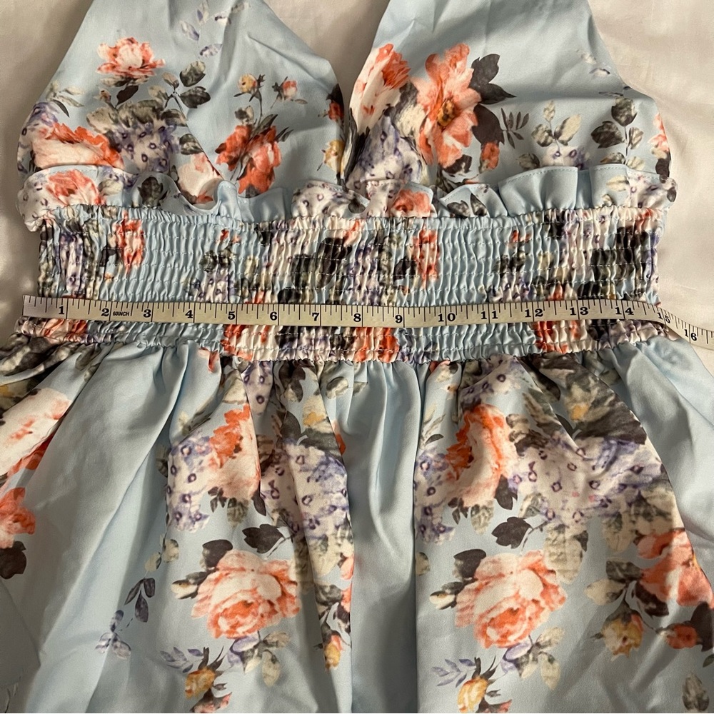 Light blue floral print halter neck deep V-neck ruffle scalloped hem mini dress - Picture 8 of 12